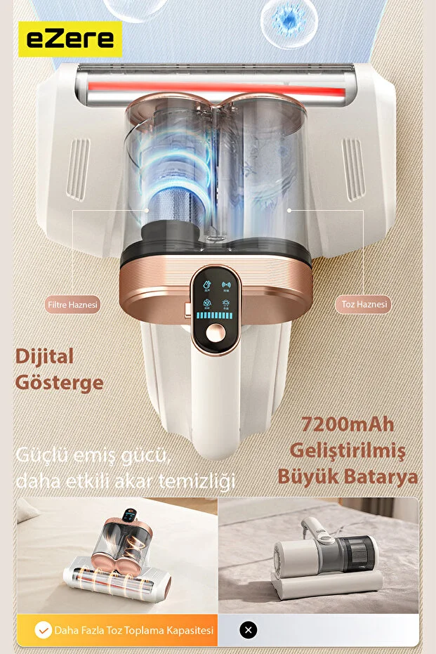 DustAway 17000Pa Güçlü Kablosuz Akar ve Toz UV Işıklı Yatak ve Koltuk Temizleyici